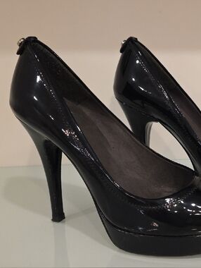 Stuart Weitzman Black Patent Peep-Toe Stiletto Heels